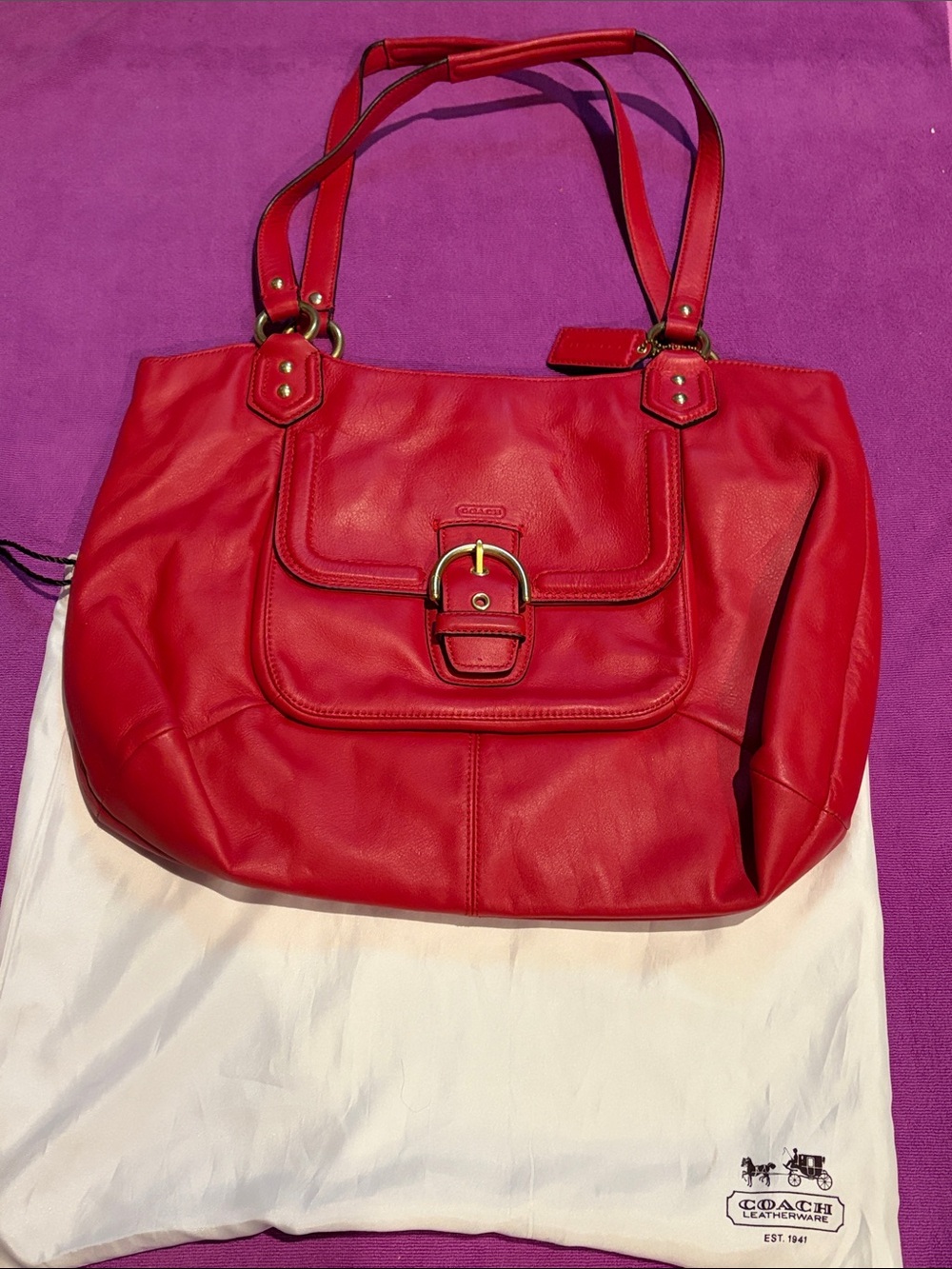 Like NEW ❤️ Authentic Coach Red Leather Spacious Handbag with Front Buckle Flap.